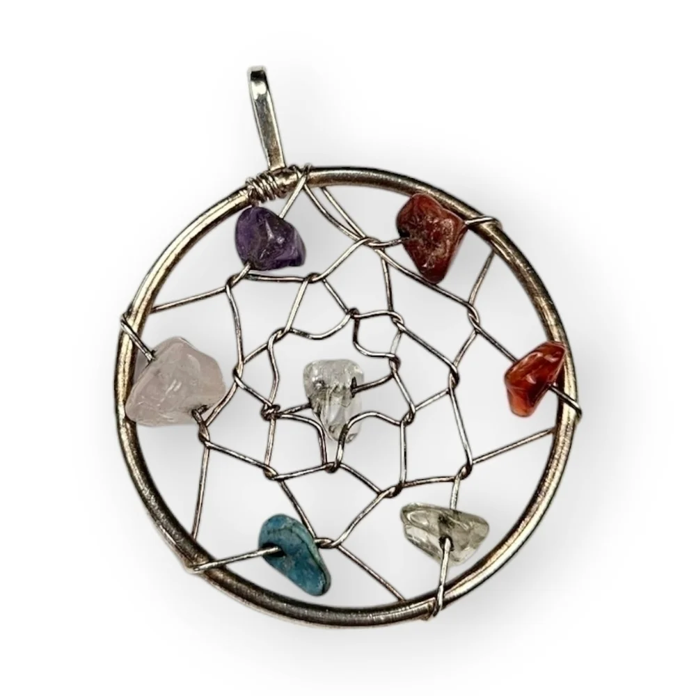Dreamcatcher Pendant Colorful Gemstone Chip Silver Tone Wire Wrapped Vtg 1 5/8